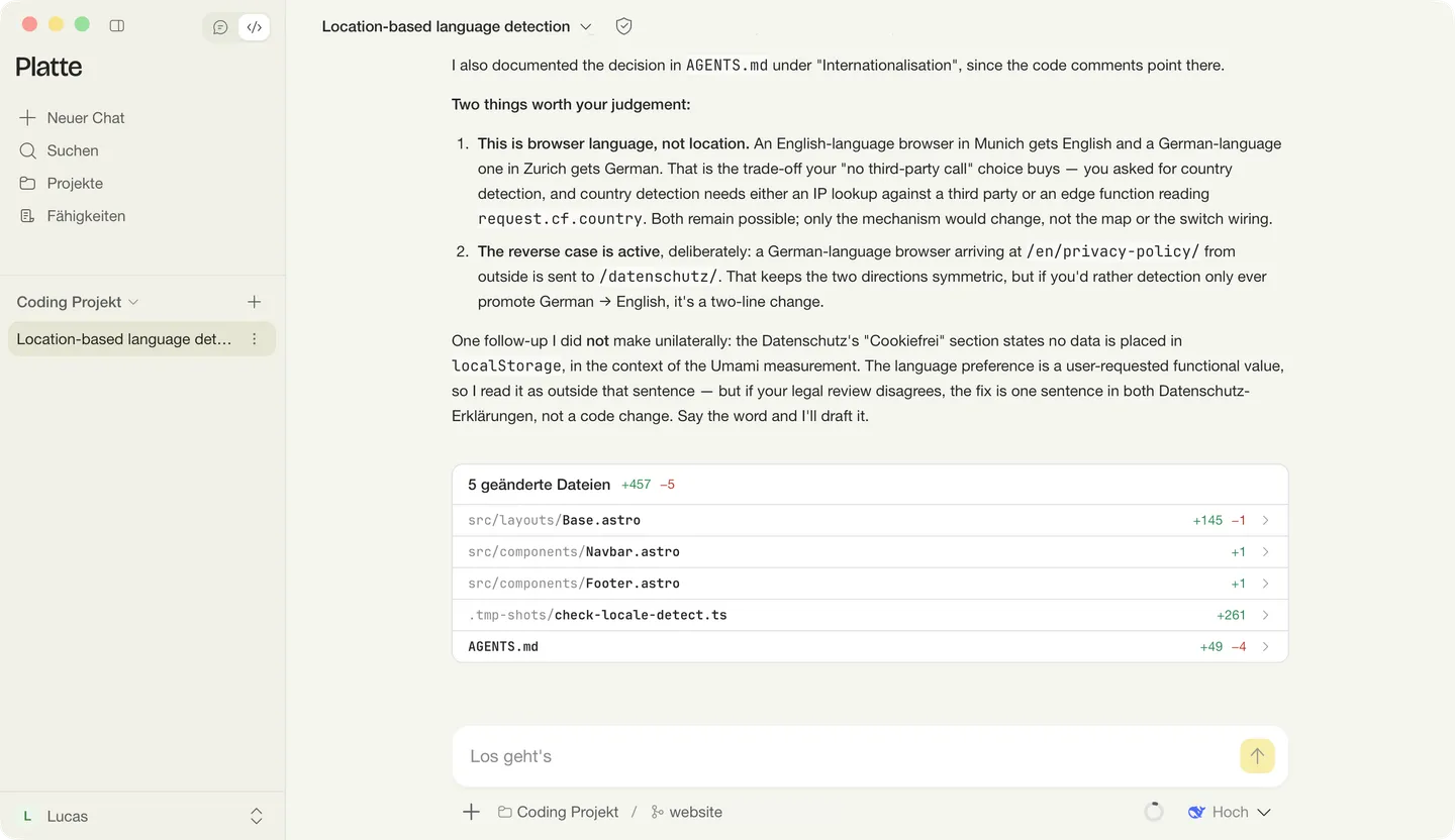 Der Coding-Agent in Platte fasst seine Arbeit zusammen und listet die geänderten Dateien des Projekts auf.