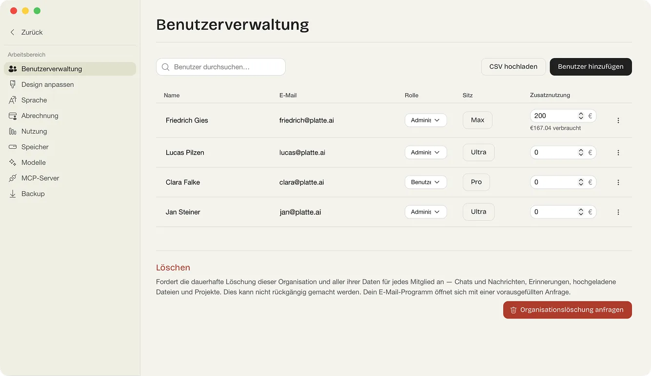 Die Benutzerverwaltung in Platte: Nutzer mit Rolle, Sitzplan und Zusatznutzung in einer Tabelle.