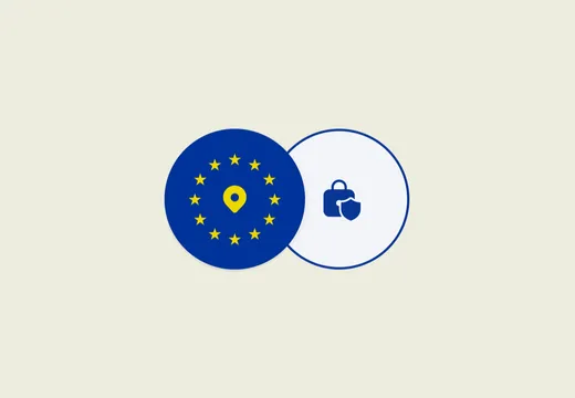Ein Europaflaggen-Kreis mit Standortnadel, überlappt von einem Kreis mit Schloss- und Schild-Symbol, auf einfarbigem Hintergrund.
