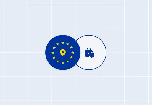 Ein Europaflaggen-Kreis mit Standortnadel, überlappt von einem Kreis mit Schloss- und Schild-Symbol.