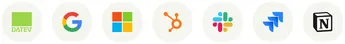 Eine Reihe verbundener Tool-Symbole: DATEV, Google, Microsoft 365, HubSpot, Slack, Jira und Notion.